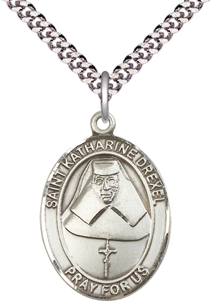 Sterling Silver Saint Katharine Drexel Pendant on a 24 inch Light Rhodium Heavy Curb chain