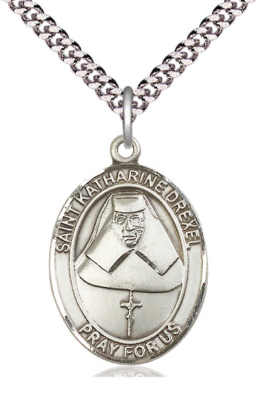 Sterling Silver Saint Katharine Drexel Pendant on a 24 inch Light Rhodium Heavy Curb chain