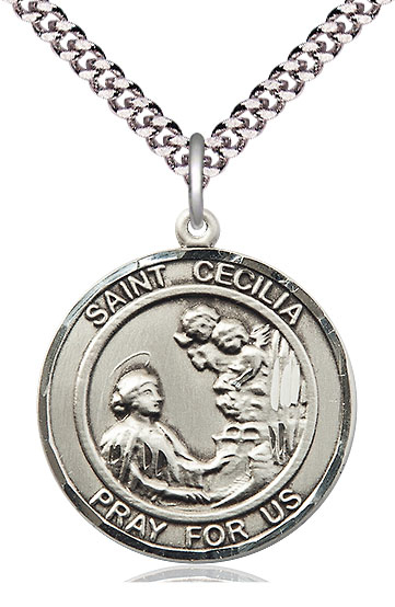 Sterling Silver Saint Cecilia Pendant on a 24 inch Light Rhodium Heavy Curb chain