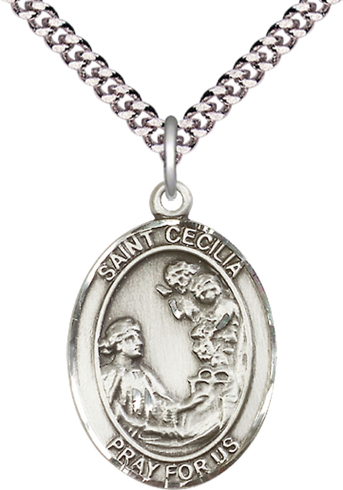 Sterling Silver Saint Cecilia Pendant on a 24 inch Light Rhodium Heavy Curb chain