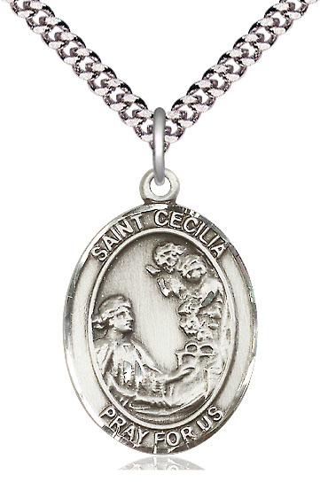 Sterling Silver Saint Cecilia Pendant on a 24 inch Light Rhodium Heavy Curb chain