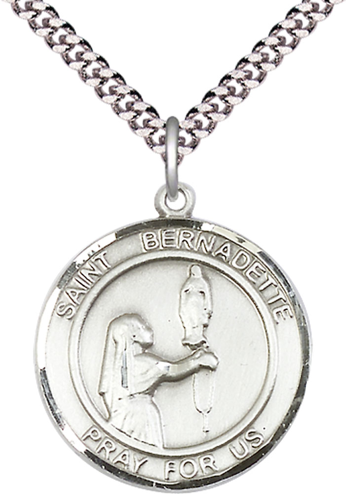 Sterling Silver Saint Bernadette Pendant on a 24 inch Light Rhodium Heavy Curb chain