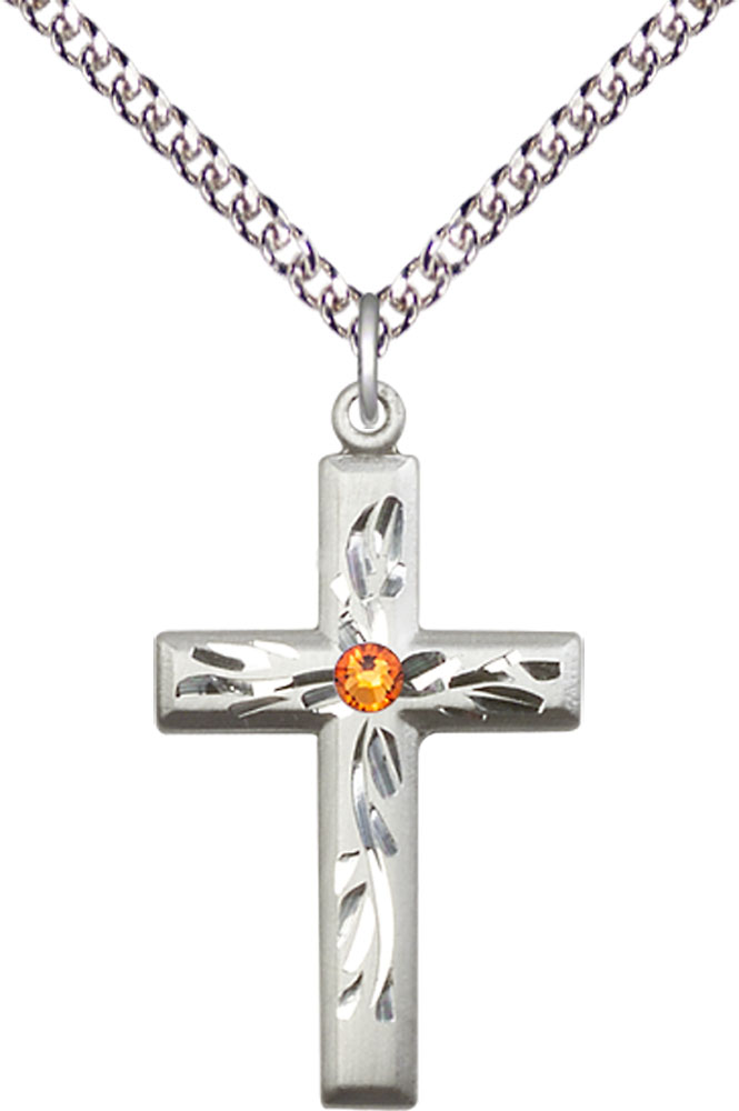 Sterling Silver Cross Pendant with a 3mm Topaz Swarovski stone on a 24 inch Sterling Silver Heavy Curb chain