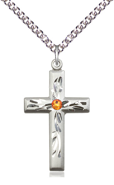 Sterling Silver Cross Pendant with a 3mm Topaz Swarovski stone on a 24 inch Sterling Silver Heavy Curb chain