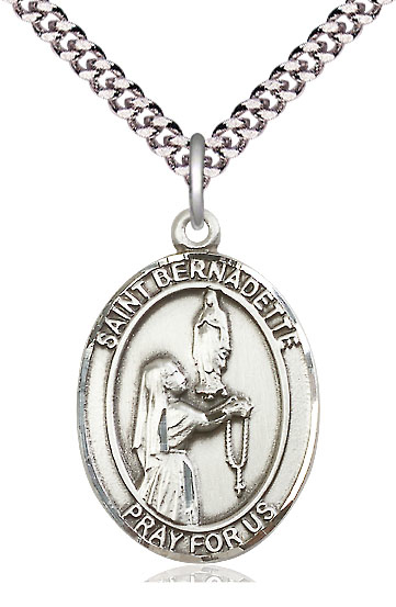 Sterling Silver Saint Bernadette Pendant on a 24 inch Light Rhodium Heavy Curb chain