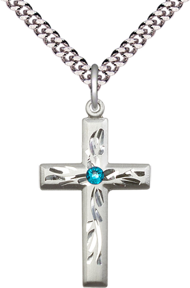 Sterling Silver Cross Pendant with a 3mm Zircon Swarovski stone on a 24 inch Light Rhodium Heavy Curb chain
