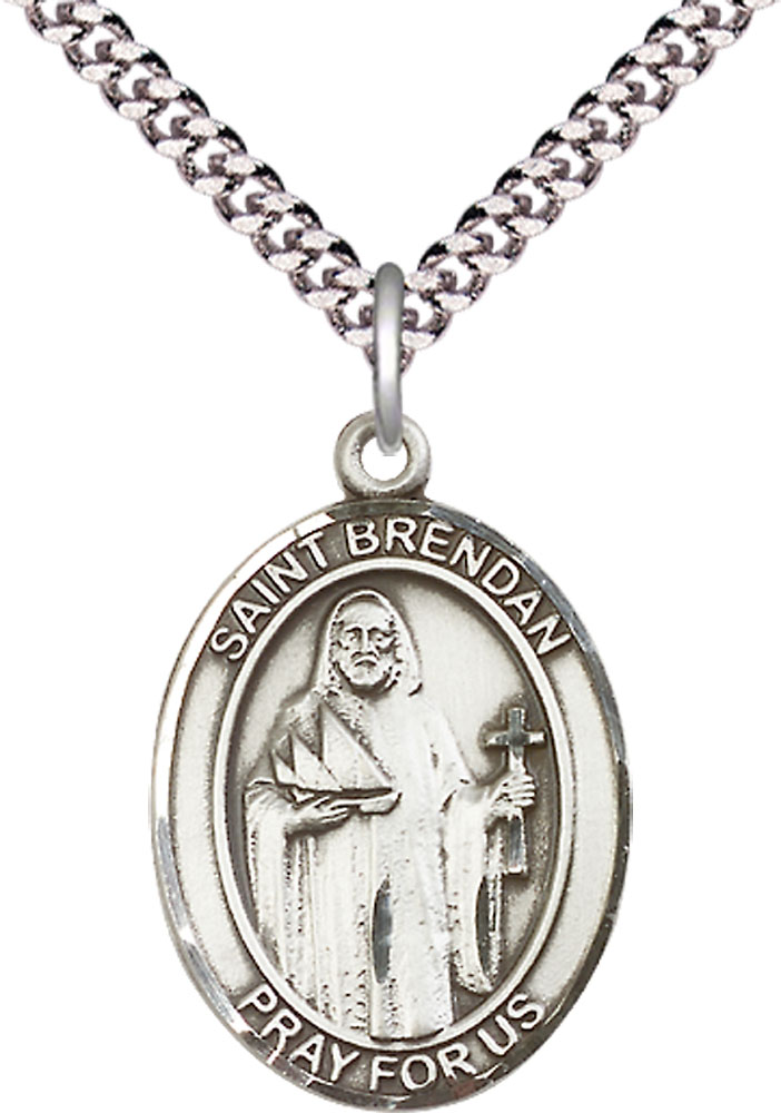 Sterling Silver Saint Brendan the Navigator Pendant on a 24 inch Light Rhodium Heavy Curb chain