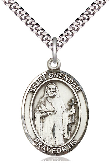 Sterling Silver Saint Brendan the Navigator Pendant on a 24 inch Light Rhodium Heavy Curb chain