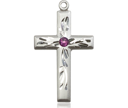 Sterling Silver Cross Medal with a 3mm Amethyst Swarovski stone