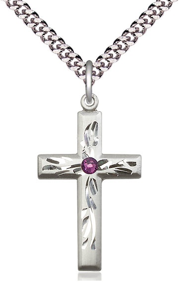 Sterling Silver Cross Pendant with a 3mm Amethyst Swarovski stone on a 24 inch Light Rhodium Heavy Curb chain