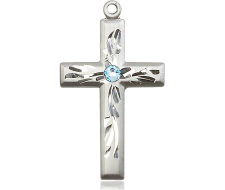 Sterling Silver Cross Medal with a 3mm Aqua Swarovski stone