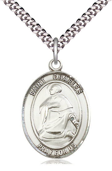 Sterling Silver Saint Charles Borromeo Pendant on a 24 inch Light Rhodium Heavy Curb chain