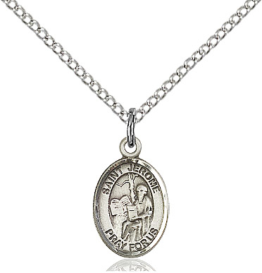 Sterling Silver Saint Jerome Pendant on a 18 inch Sterling Silver Light Curb chain