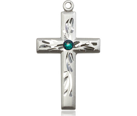 Sterling Silver Cross Medal with a 3mm Emerald Swarovski stone