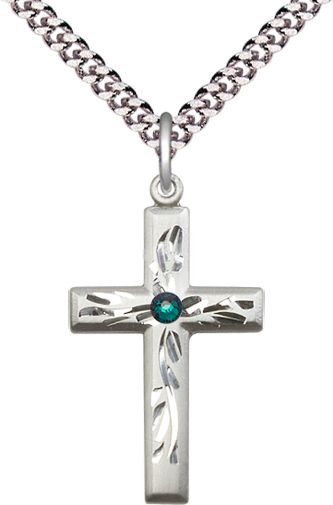 Sterling Silver Cross Pendant with a 3mm Emerald Swarovski stone on a 24 inch Light Rhodium Heavy Curb chain