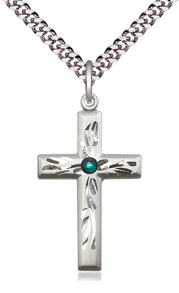 Sterling Silver Cross Pendant with a 3mm Emerald Swarovski stone on a 24 inch Light Rhodium Heavy Curb chain