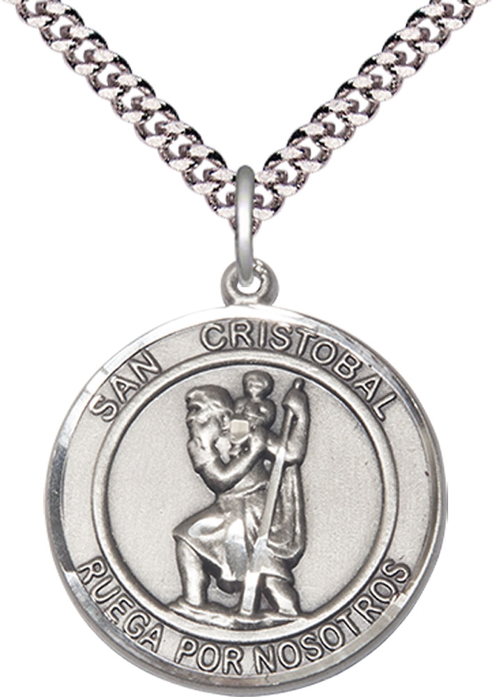 Sterling Silver San Cristobal Pendant on a 24 inch Light Rhodium Heavy Curb chain
