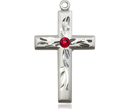 Sterling Silver Cross Medal with a 3mm Ruby Swarovski stone