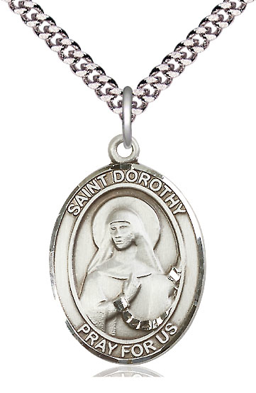 Sterling Silver Saint Dorothy Pendant on a 24 inch Light Rhodium Heavy Curb chain