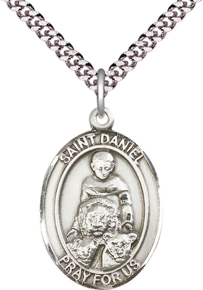 Sterling Silver Saint Daniel Pendant on a 24 inch Light Rhodium Heavy Curb chain