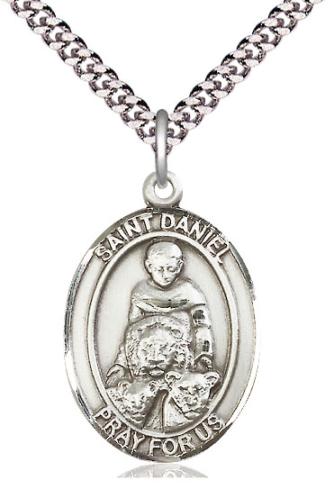 Sterling Silver Saint Daniel Pendant on a 24 inch Light Rhodium Heavy Curb chain