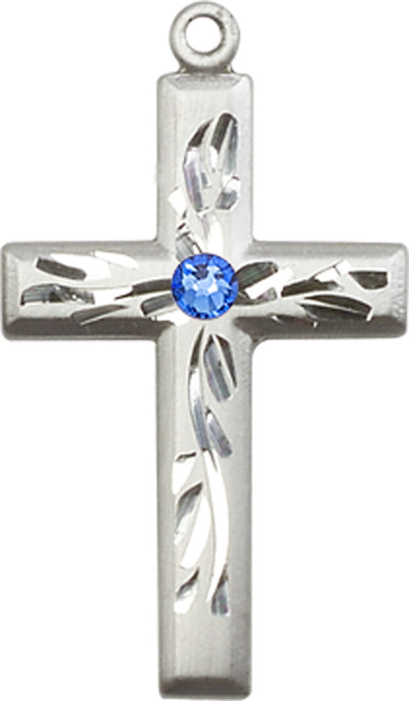 Sterling Silver Cross Medal with a 3mm Sapphire Swarovski stone