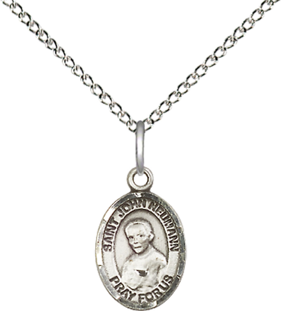 Sterling Silver Saint John Neumann Pendant on a 18 inch Sterling Silver Light Curb chain