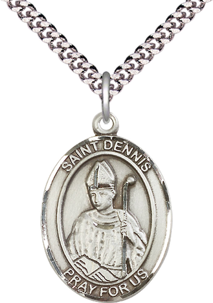 Sterling Silver Saint Dennis Pendant on a 24 inch Light Rhodium Heavy Curb chain