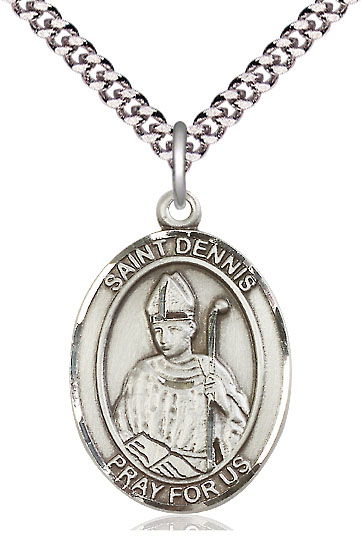 Sterling Silver Saint Dennis Pendant on a 24 inch Light Rhodium Heavy Curb chain