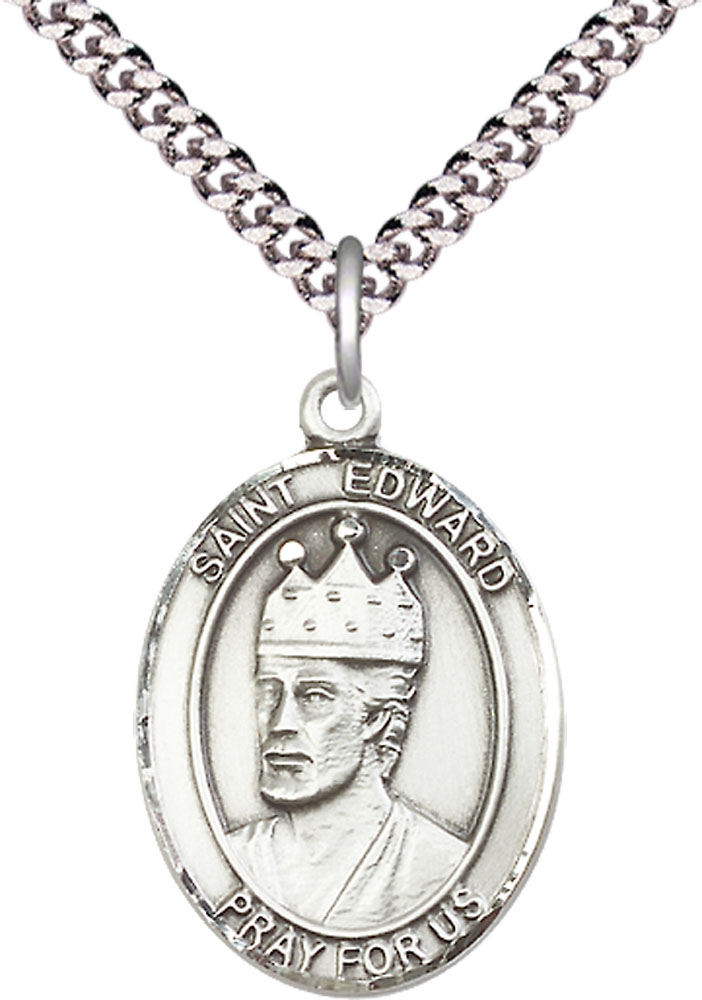 Sterling Silver Saint Edward the Confessor Pendant on a 24 inch Light Rhodium Heavy Curb chain