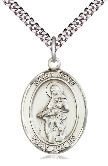 Sterling Silver Saint Jane of Valois Pendant on a 24 inch Light Rhodium Heavy Curb chain