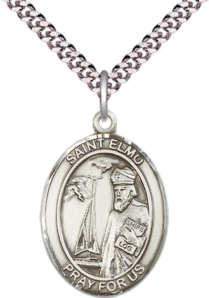 Sterling Silver Saint Elmo Pendant on a 24 inch Light Rhodium Heavy Curb chain