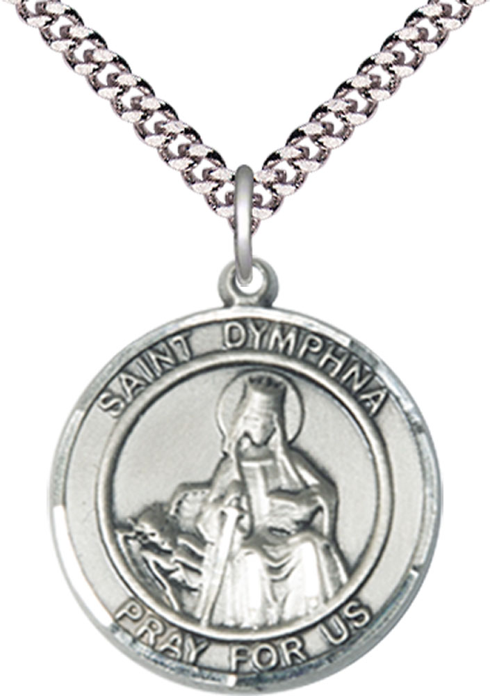 Sterling Silver Saint Dymphna Pendant on a 24 inch Light Rhodium Heavy Curb chain