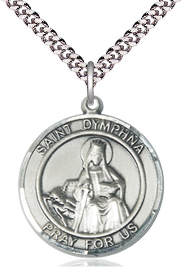 Sterling Silver Saint Dymphna Pendant on a 24 inch Light Rhodium Heavy Curb chain