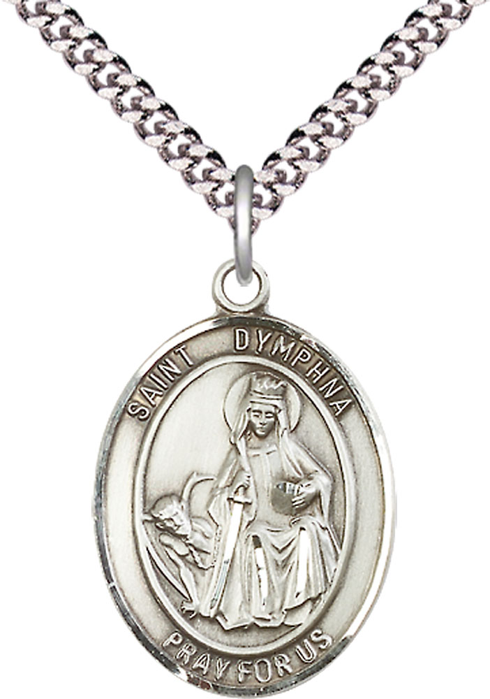 Sterling Silver Saint Dymphna Pendant on a 24 inch Light Rhodium Heavy Curb chain
