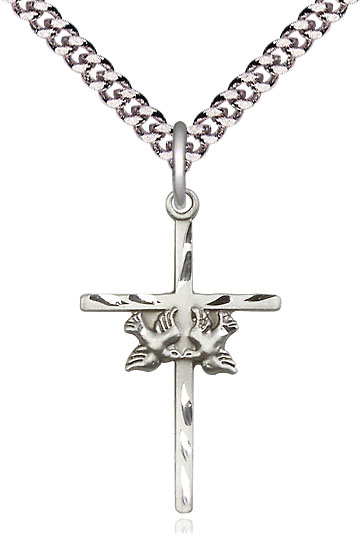 Sterling Silver Doves Cross Pendant on a 24 inch Light Rhodium Heavy Curb chain