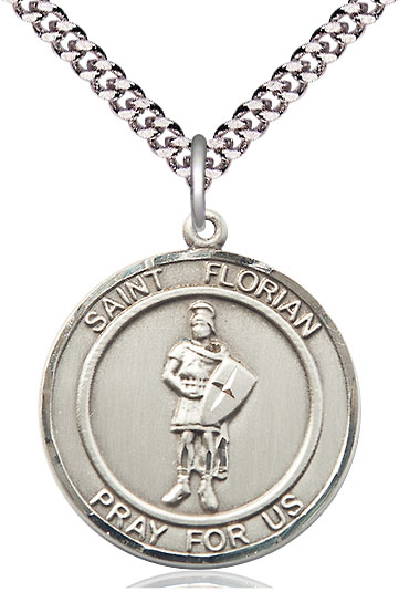 Sterling Silver Saint Florian Pendant on a 24 inch Light Rhodium Heavy Curb chain