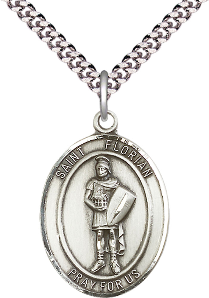 Sterling Silver Saint Florian Pendant on a 24 inch Light Rhodium Heavy Curb chain