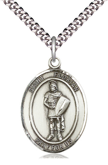 Sterling Silver Saint Florian Pendant on a 24 inch Light Rhodium Heavy Curb chain