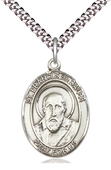 Sterling Silver Saint Francis de Sales Pendant on a 24 inch Light Rhodium Heavy Curb chain