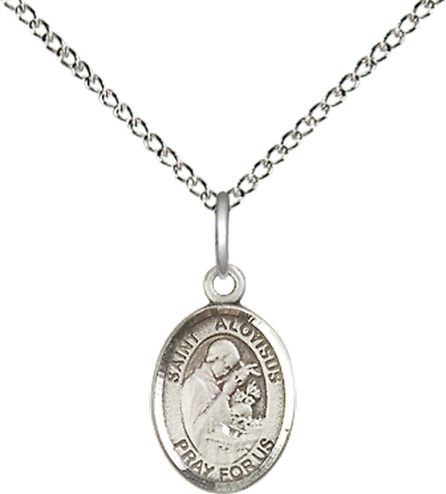 Sterling Silver Saint Aloysius Gonzaga Pendant on a 18 inch Sterling Silver Light Curb chain