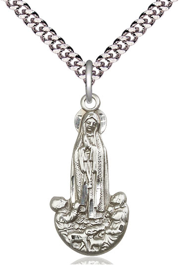 Sterling Silver Our Lady of Fatima Pendant on a 24 inch Light Rhodium Heavy Curb chain