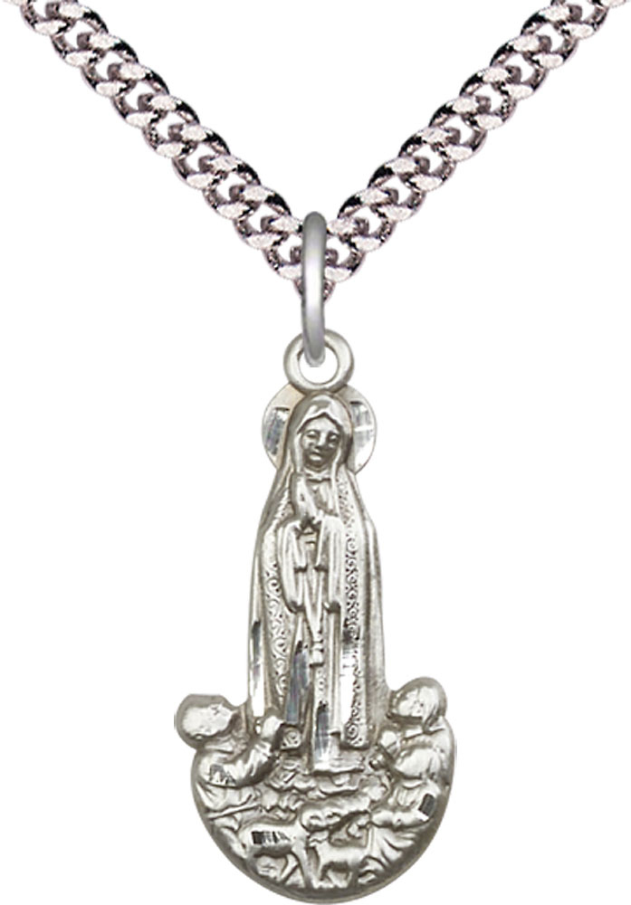 Sterling Silver Our Lady of Fatima Pendant on a 24 inch Light Rhodium Heavy Curb chain