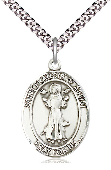 Sterling Silver Saint Francis of Assisi Pendant on a 24 inch Light Rhodium Heavy Curb chain