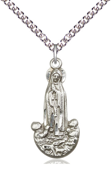 Sterling Silver Our Lady of Fatima Pendant on a 24 inch Sterling Silver Heavy Curb chain