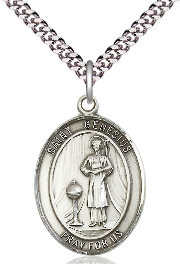 Sterling Silver Saint Genesius of Rome Pendant on a 24 inch Light Rhodium Heavy Curb chain