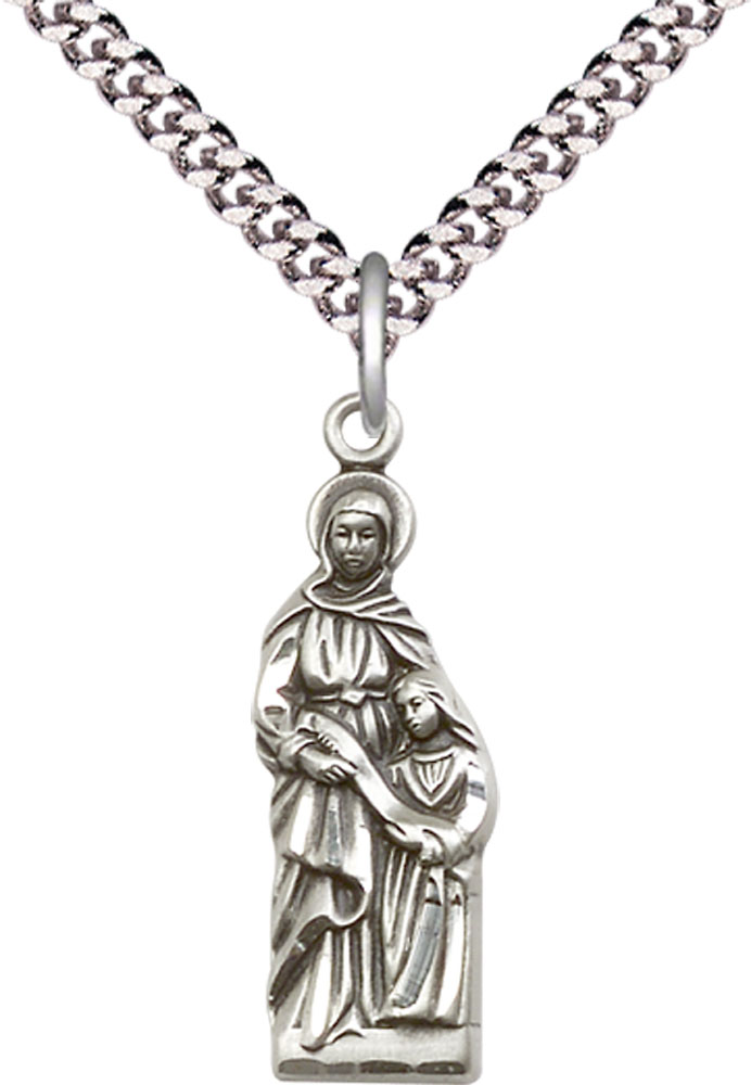 Sterling Silver Saint Ann Pendant on a 24 inch Light Rhodium Heavy Curb chain