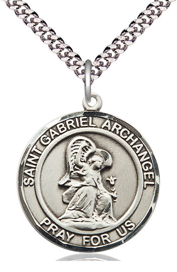 Sterling Silver Saint Gabriel the Archangel Pendant on a 24 inch Light Rhodium Heavy Curb chain