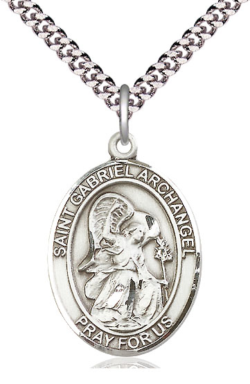 Sterling Silver Saint Gabriel the Archangel Pendant on a 24 inch Light Rhodium Heavy Curb chain