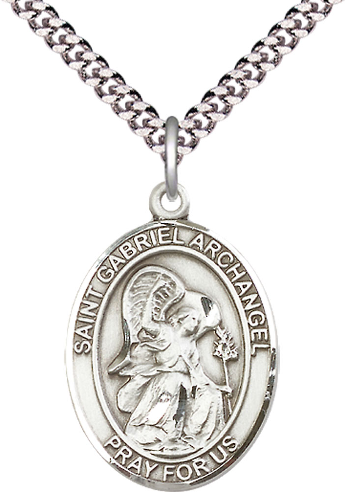 Sterling Silver Saint Gabriel the Archangel Pendant on a 24 inch Light Rhodium Heavy Curb chain